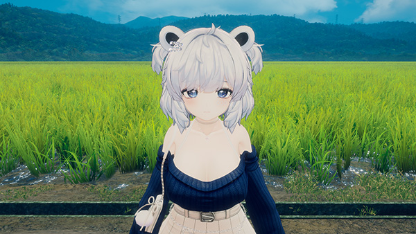 VRChatのワールドが背景にあり女性アバターが写っている
