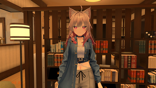 VRChatのワールドが背景にあり女性アバターが写っている