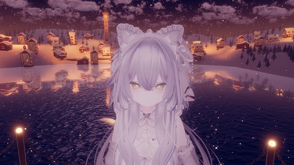 VRChatのワールドが背景にあり女性アバターが写っている